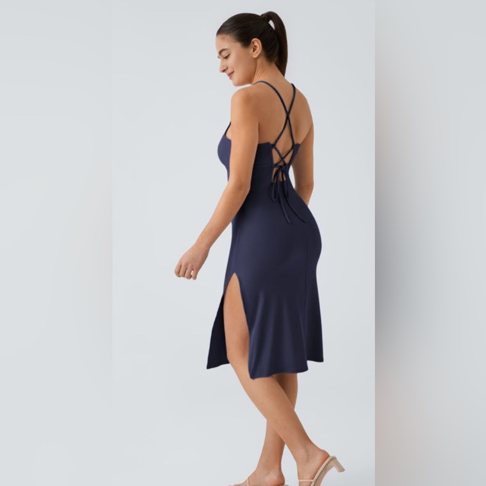 NWOT HALARA Everyday Slip Strap Bodycon Midi Chill Dress - Navy - Picture 2 of 7